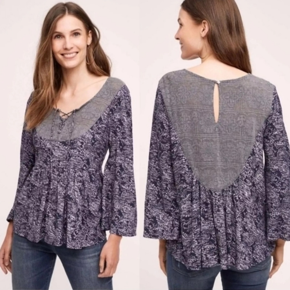 Anthropologie Akemi + Kin Paisley Peplum Bell Sleeve Blouse Size Medium Boho